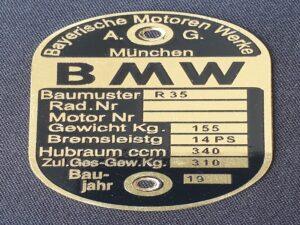 Typenschild BMW R35 aus Messing