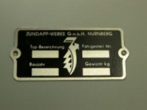 Typenschild Zündapp Werke Nürnberg