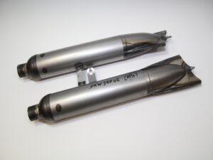 Auspufftöpfe L+R f.DKW 350 NZ, 350/1, 3-Tlg. Endstück "m. Rand" neu, roh, Nachbau