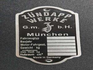 Zündapp Werke München Typenschild, 6x Felder leer