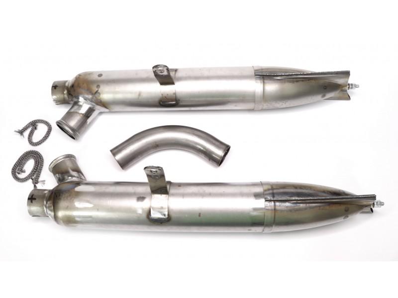 Auspufftöpfe links/rechts + Querrohr für DKW 500 SB – roh, mit Schalldämpfereinsatz