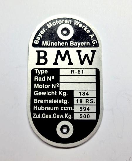 Typenschild BMW R61 Aluminium Nachbau